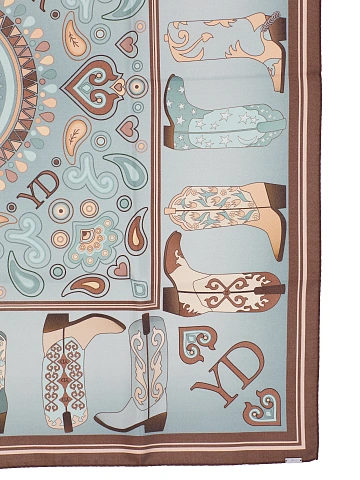 Gray silk scarf with brown western-style print, 2