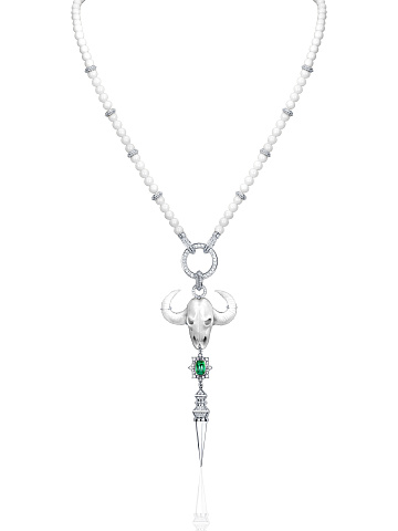 Round Diamond & Cabochon Emerald & Coral & White Gold Necklace  , 1