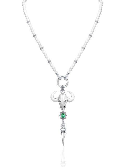 Round Diamond & Cabochon Emerald & Coral & White Gold Necklace  , 1