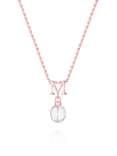 Gold-plated silver necklace with a pendant with the letter M and a pearl, 1