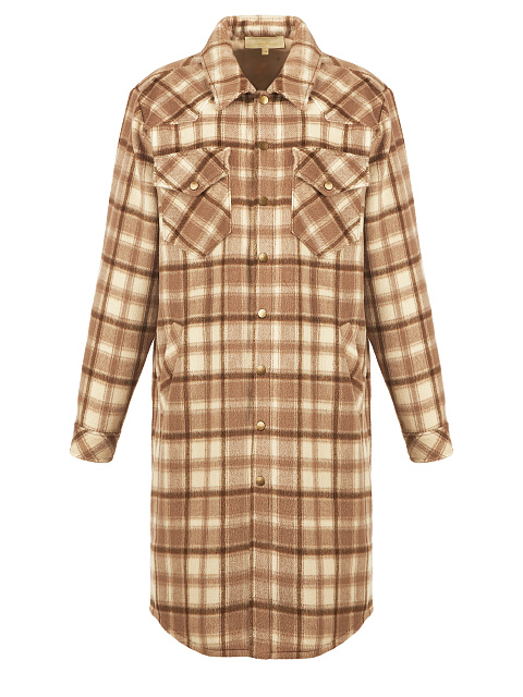 Light Brown Checked Wool Long Overshirt, 1