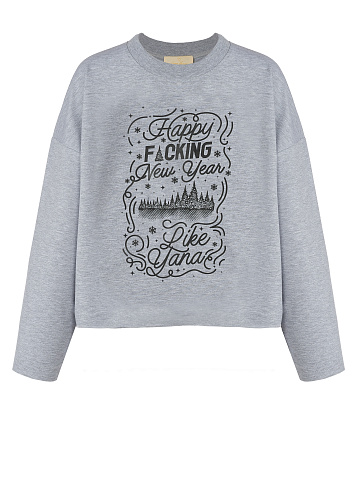 Printed Grey Cotton Cropped L/S T-Shirt, 1