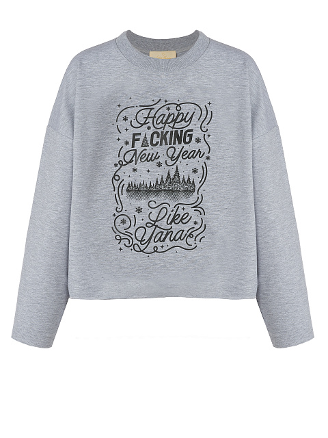 Printed Grey Cotton Cropped L/S T-Shirt, 1