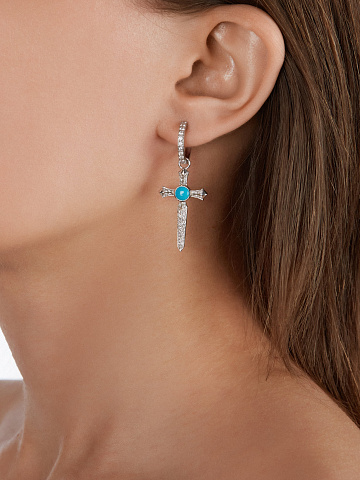 White Gold, Сabochon-cut Turquoise & Diamonds Cross Earrings, 2