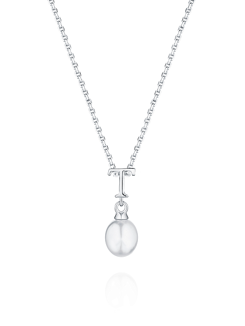Silver necklace with a pendant with the letter T and a pearl, 1
