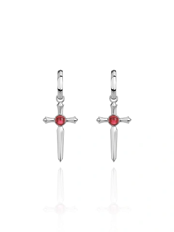 Cabochon Round Garnet & White Gold Earrings, 1