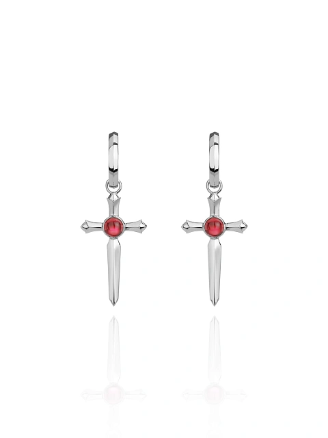 Cabochon Round Garnet & White Gold Earrings, 1