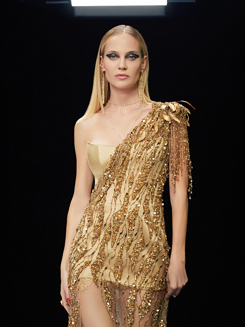 Gold Asymmetric Embroidered Mesh Maxi Dress, 6
