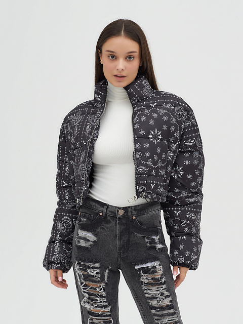 Black cropped down jacket with paisley pattern, 16
