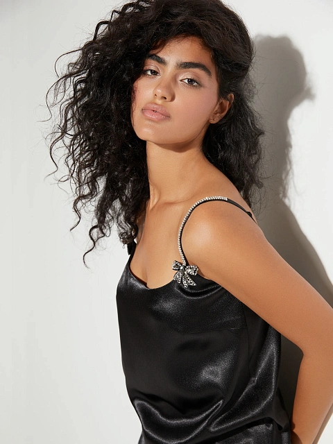 Black Rhinestones Bow Satin Mini Dress, 5