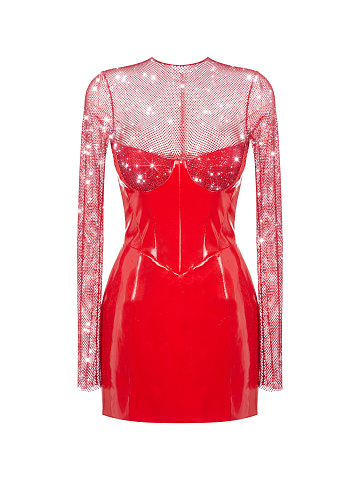 Red Leather & Rhinestones Mesh Mini Dress, 1
