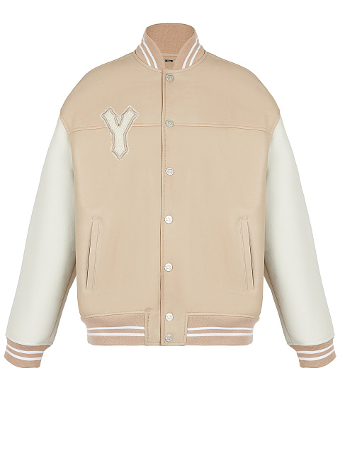 Beige Oversized Shearling Varsity Jacket, 1