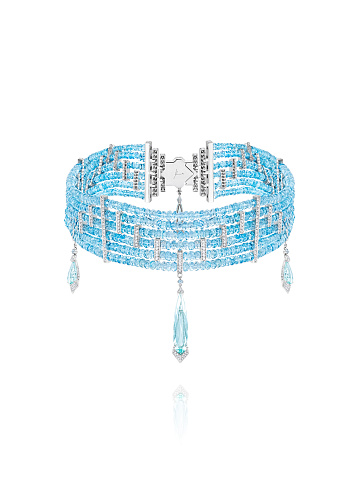 White gold choker necklace with aquamarines and diamonds, 1