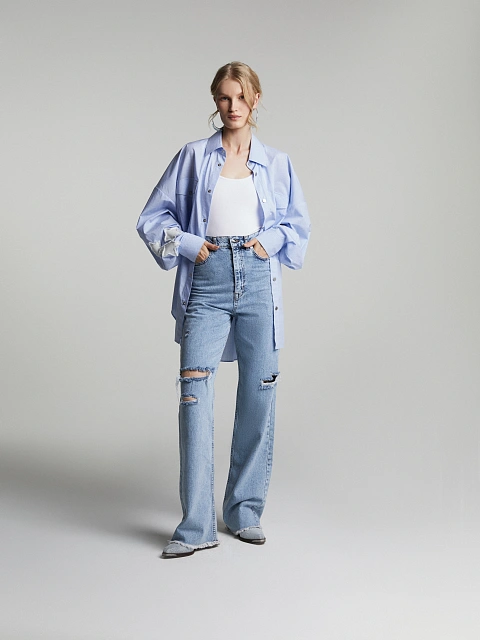 Blue Fringed Cotton Jeans, 8