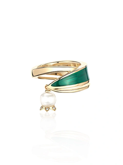 Pearl, Round Diamond, Green Enamel & Gold Ring, 2