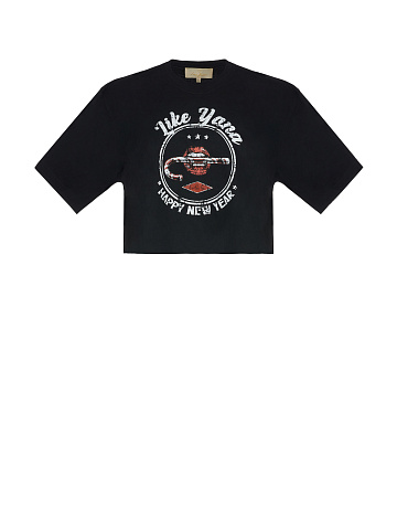 Black Cotton Cropped T-Shirt, 1