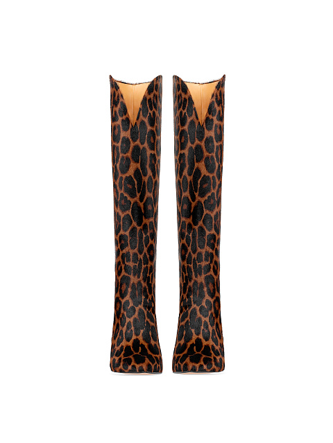 Leopard Printed Kangaroo Fur Heeled Tall Boots, 2