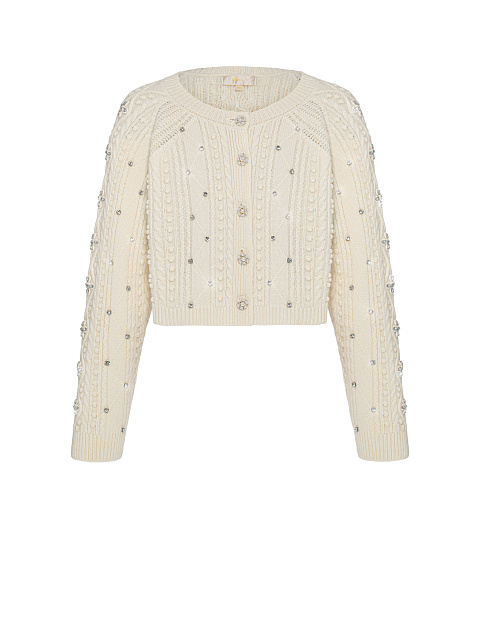 Milk-colored cashmere cardigan with rhinestones, 1