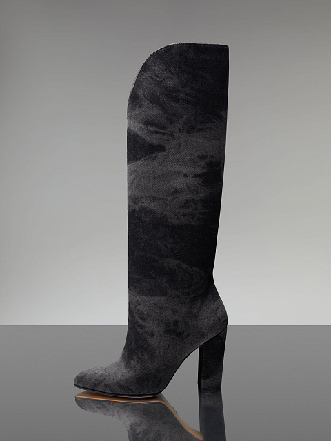 Grey Tie-Dye Denim Heeled Tall Boots, 5