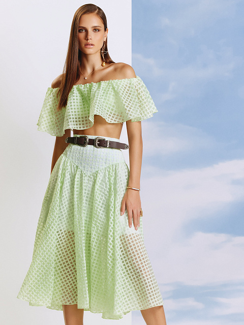 Lime Green Checked Chiffon Top & Midi Skirt, 5