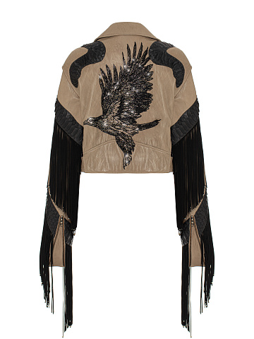 Brown Fringed & Embroidered Leather Biker Jacket, 2