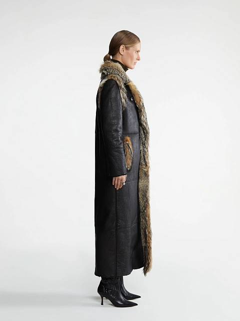 Fox Fur Trimmed Black Shearling Coat, 4
