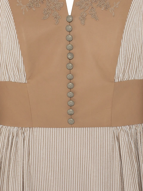 Beige Leather Trim Striped Cotton Maxi Dress, 3