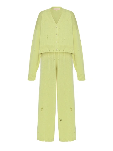 Lime Green Knitted Cardigan, Top & Pants Set, 2