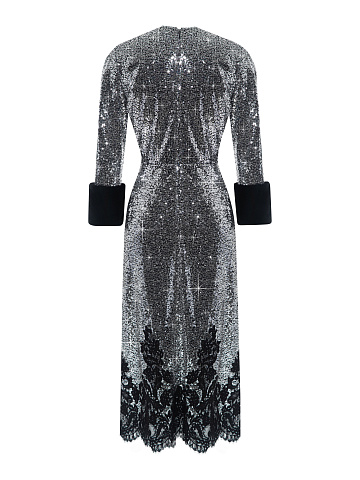 Silver Sequin Lace & Mink Fur Trim Midi Dress, 2