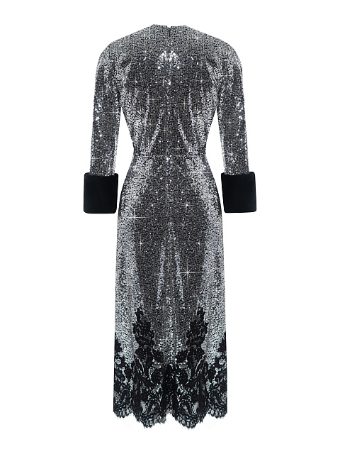 Silver Sequin Lace & Mink Fur Trim Midi Dress, 2