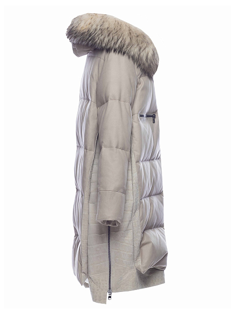 Racoon Fur & Crocodile Leather Trimmed Beige Suede Down Coat, 3