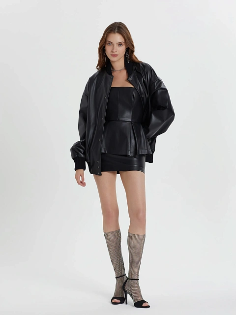 Black Faux Leather Peplum Mini Dress, 7