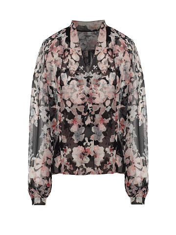 Black Chiffon Blouse With Pink Floral Print, 1