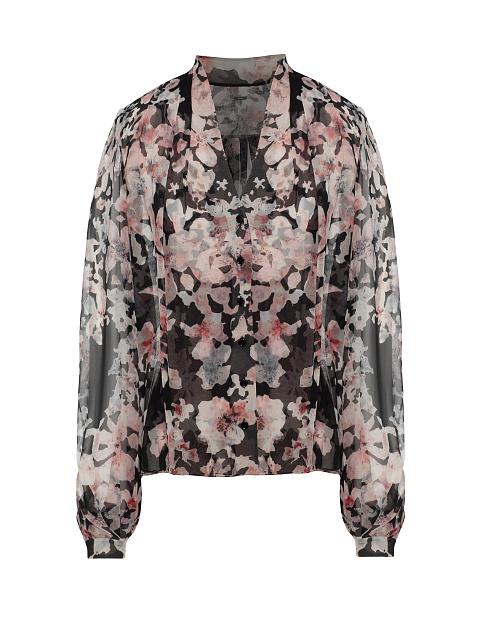 Black Chiffon Blouse With Pink Floral Print, 1