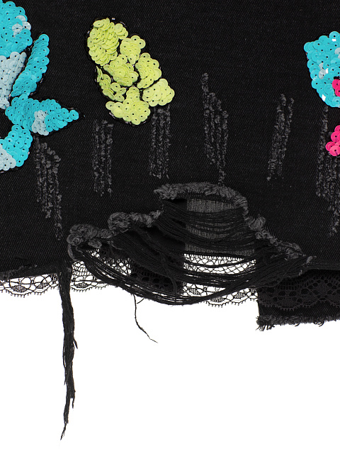 Black cropped denim jacket with raw hem and floral embroidery, 4