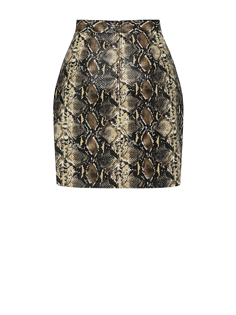 Beige Snakeskin Prined Faux Leather Mini Skirt, 2