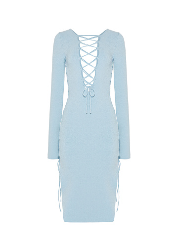 Light Blue Lace Up Jersey Midi Dress, 2