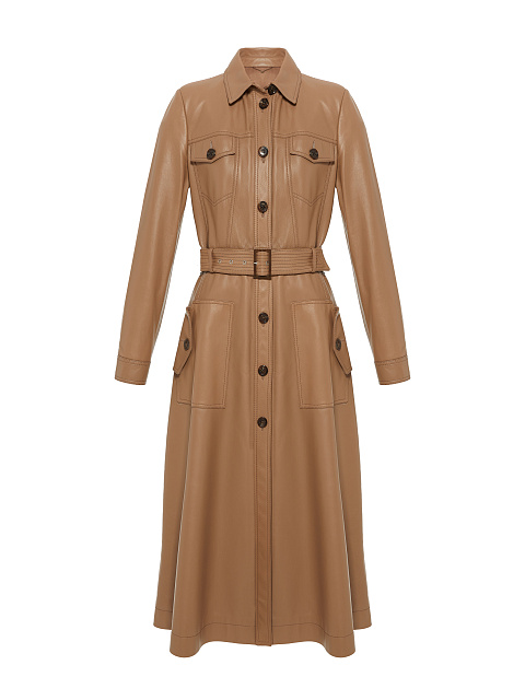 Beige Belted Leather Coat, 1