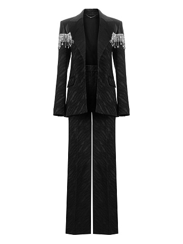 Black Jacquard & Leather Crystal Fringe Trimmed Suit, 1
