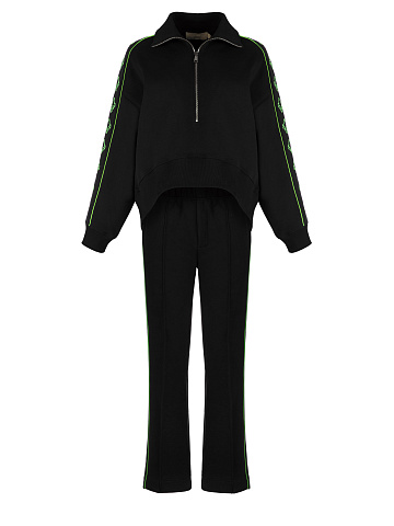 Black & Green Lily Embroidered Jersey Suit, 1