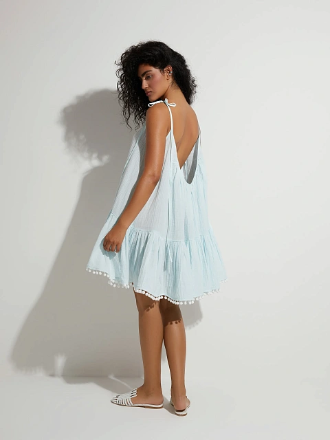 Light Blue Open Back Muslin Mini Dress, 5