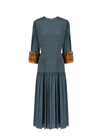 Dark Grey Silk Mink Fur Trim Midi Dress, 1