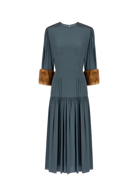 Dark Grey Silk Mink Fur Trim Midi Dress, 1