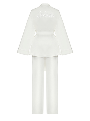 White Embroidered "Bride" Silk Pajama Set, 2