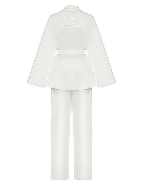 White Embroidered "Bride" Silk Pajama Set, 2