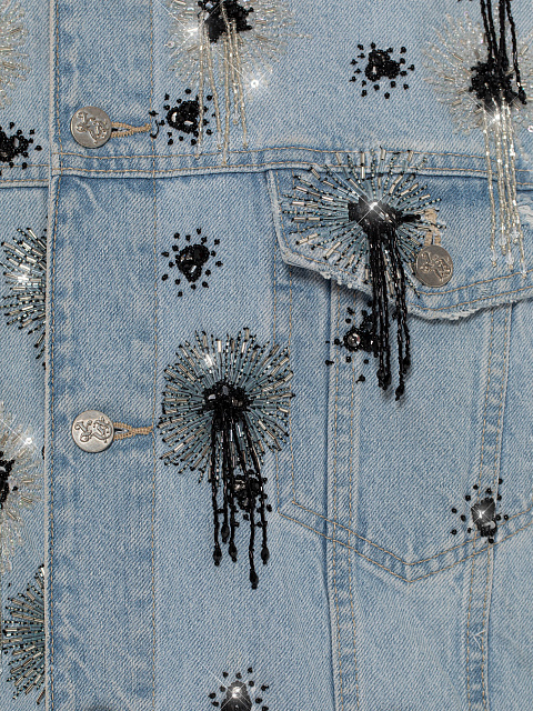 Light blue denim jacket with black and white beaded embroidery, 3