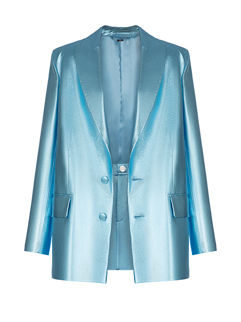 Metallic Blue Leather Blazer & Skirt Set, 1