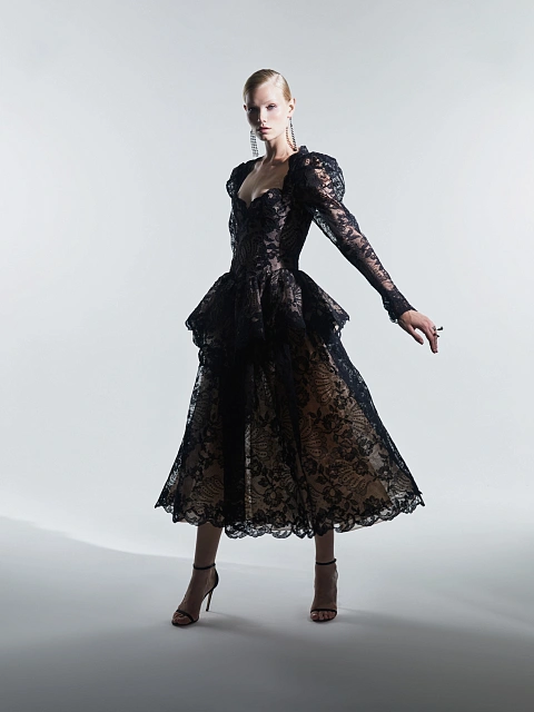 Black Lace Peplum Midi Dress, 5