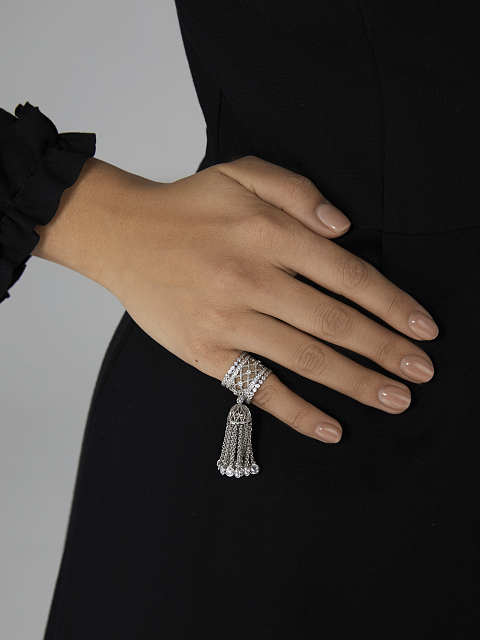 Silver & Cubic Zirkonia Wide Tassel Ring, 9