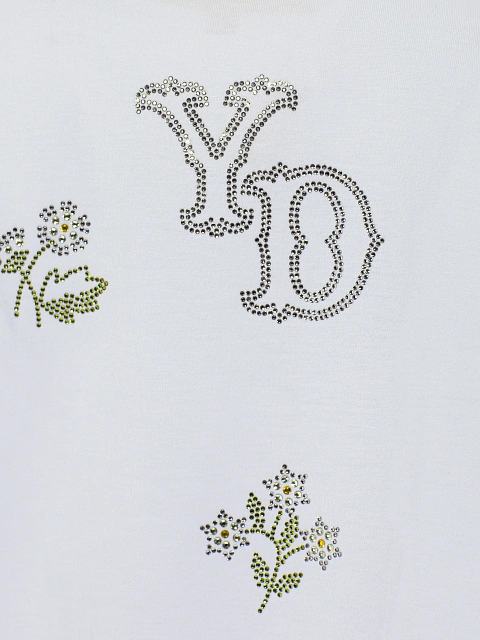 White Rhinestones "Flowers" Cotton T-shirt, 3